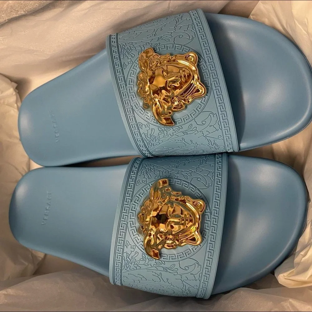 Versace Sky Blue and Gold Pool Slides - Picture 2 of 4